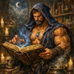 Buff Wizard reading spellbook