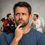 person with a devin on one shoulder and an angel on the outher t