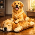 Golden retriever sitting on a fake dog pillow