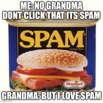 Spam.. | Me: no grandma dont click that its spam; grandma: but i love spam | image tagged in spam | made w/ Imgflip meme maker
