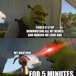 Me with my bro | Could u stop downvoting all my memes and making me look bad; My brother; for 5 minutes | image tagged in shrek for five minutes,sibling rivalry | made w/ Imgflip meme maker