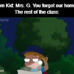 Fr | Random Kid: Mrs. G. You forgot our homework.
The rest of the class: | image tagged in gifs,memes,funny,funny memes,school,school pov | made w/ Imgflip video-to-gif maker