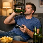 guy playing video game and drinking beer on couch