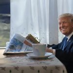 BSM Donald Trump reading newspaper and smiling at the camera