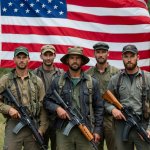 Armed American men flag rifles Constitution