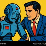 crying robot comforted by man