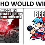 Who Would Win? | a demonic clown strong enough to destroy the world ten times over; beep | image tagged in memes,who would win | made w/ Imgflip meme maker