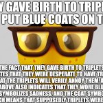 In ELA/literature class: | They gave birth to triplets and put blue coats on them; the fact that they gave birth to triplets indicates that they were desperate to have triplets, and that the triplets will verily annoy them, and the phrase above also indicates that they wore blue coats. Blue symbolizes sadness, and the coat symbolizes the cold. which means that supposedly triplets were sad and cold. | image tagged in meem,meme,unnecessary tags,lol so funny,lol | made w/ Imgflip meme maker