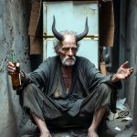 Drunken homeless horned demon old man