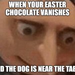 This just happened irl. Plz pray for my dogs! | when your easter chocolate vanishes; and the dog is near the table | image tagged in uh oh gru,memes,oh shit | made w/ Imgflip meme maker