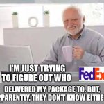 Zero Accountability | I'm just trying to figure out who; Delivered my package to. But, Apparently, they don't know either ! | image tagged in harold,fedex,lost package,lack of accountability,boycott,unreliable | made w/ Imgflip meme maker