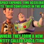 Woody and Buzz Lightyear Everywhere Widescreen | As space expands, time accelerates until their confluence in the void; Where they form a new entity called space/time | image tagged in woody and buzz lightyear everywhere widescreen | made w/ Imgflip meme maker