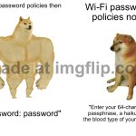 Wi‑Fi password policies now | Wi‑Fi password policies then; Wi‑Fi password policies now; "Password: password"; "Enter your 64‑character passphrase, a haiku, and the blood type of your router" | image tagged in memes,buff doge vs cheems,policy,wifi,blood,password | made w/ Imgflip meme maker