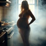 Barefoot pregnant blond woman in steamy kitchen