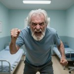 Crazy old man in mental facility hospital rage raging angry