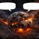 destroyed earth with two speaking bubbles