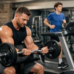A guy working out and lifting weights and a small skinny guy on
