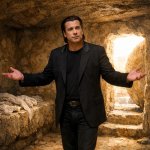 Grób Jezusa - pusty - w nim stoi John travolta z rozłożonymi ręk