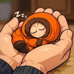 mini Kenny from south park sleeping in someones Hands cutely meme
