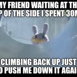 Hi | My friend waiting at the top of the side I spent 30min; climbing back up just to push me down it again: | image tagged in hi,playground,best friends,friends | made w/ Imgflip meme maker