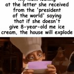 I remember attempting to trick my parents in similar ways (as expected, it never worked) | My mom looking at the letter she received from the 'president of the world' saying that if she doesn't give 8-year-old me ice cream, the house will explode | image tagged in gifs,parents,kids,ice cream | made w/ Imgflip video-to-gif maker