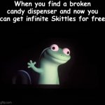 I remember this happening when I was at a cafe with friends, great discovery | When you find a broken candy dispenser and now you can get infinite Skittles for free | image tagged in gifs,candy | made w/ Imgflip video-to-gif maker