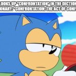 Just tell me what it means!!!!!! | Me: looks up "confrontation" in the dictionary
The dictionary: "confrontation: the act of confronting" | image tagged in sonic unamused,dictionary,annoying | made w/ Imgflip meme maker