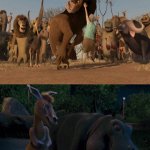 Duke and Eze laugh at Makunga's comeuppance | image tagged in duke and eze laugh at what,deviantart,dreamworks,disney,deviantart week | made w/ Imgflip meme maker