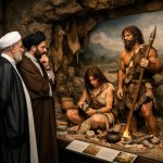 Two Iranian men in traditional Muslim dress consider a museum ex