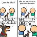 T-T | damn he's right tho; you don't got jordans | image tagged in he can hurt you in other ways | made w/ Imgflip meme maker