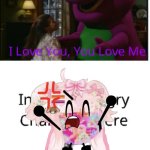 My OC tells Barney to Shut Up | Yayoi (Me): SHUT UP, RIGHT NOW! | image tagged in who tells barney to shut up,barneysucks | made w/ Imgflip meme maker