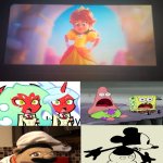 Scanty, Kneesocks, Chef Pee Pee, SpongeBob, Patrick, and Steamboat Willie react to Movie Daisy | image tagged in who reacts to princess daisy in tsmgm,super mario galaxy,panty and stocking,sml,spongebob,deviantart | made w/ Imgflip meme maker