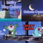 why aliens never visit us | Milky Way Galaxy; Galactic Community; except earth; All Planets Are Members | image tagged in oggy lattice climbing,aliens,earth,galaxy,alien,ancient aliens | made w/ Imgflip meme maker