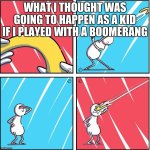 Boomerang | what i thought was going to happen as a kid if i played with a boomerang | image tagged in boomerang,me as a child,memes,funny,oh wow are you actually reading these tags,stop reading the tags | made w/ Imgflip meme maker