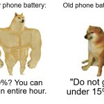 New vs old phone battery | New phone battery:; Old phone battery:; "10%? You can go an entire hour. "Do not go under 15%." | image tagged in memes,buff doge vs cheems | made w/ Imgflip meme maker