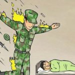 Soldier protecting sleeping child safe