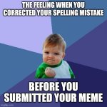 That amuses me | The feeling when you corrected your spelling mistake; Before you submitted your meme | image tagged in memes,success kid,spelling error,funny | made w/ Imgflip meme maker
