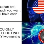 Stalin approved meme | You can eat how much you want if you have cash; YOU ONLY NEED FOOD ONCE EVERY two months | image tagged in expanding brain two frames,ussr | made w/ Imgflip meme maker