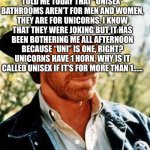 Shower thought level of BS | A very wise person told me today that “unisex” bathrooms aren’t for men and women, they are for unicorns. I know that they were joking but it has been bothering me all afternoon because “uni” is one, right? Unicorns have 1 horn. Why is it called unisex if it’s for more than 1...... | image tagged in memes,chuck norris | made w/ Imgflip meme maker