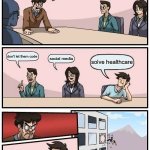 AI in a nutshell | let's make money with AI; don't let them code; social media; solve healthcare | image tagged in memes,boardroom meeting suggestion | made w/ Imgflip meme maker