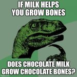 It sounded better in my head | If milk helps you grow bones; Does chocolate milk grow chocolate bones? | image tagged in memes,philosoraptor,oh wow are you actually reading these tags | made w/ Imgflip meme maker
