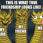 Three-headed Dragon | this is what true friendship looks like! My friend; Me; My bro | image tagged in three-headed dragon | made w/ Imgflip meme maker