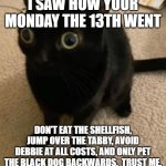 Monday the 13th | I saw how your Monday the 13th went; Don't eat the shellfish, jump over the tabby, avoid Debbie at all costs, and only pet the black dog backwards.  Trust me. | image tagged in big eye cat,superstition,oh no black cat | made w/ Imgflip meme maker