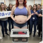 Obese woman being weighed in public