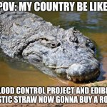 Crocodile | Pov: my country be like:; Flood control project and edible plastic straw now gonna buy a robot | image tagged in crocodile | made w/ Imgflip meme maker