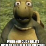 deleting messages | when you click delete instead of delete for everyone | image tagged in shocked turtle | made w/ Imgflip meme maker