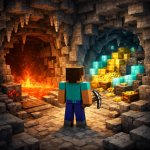 Minecraft Steve between two caves, one going straight to lava an