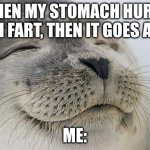 Stomach aches can be solved by farts somehow ig | When my stomach hurts and I fart, then it goes away; Me: | image tagged in memes,satisfied seal | made w/ Imgflip meme maker