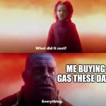 Pricey | Me buying gas these days | image tagged in what did it cost | made w/ Imgflip meme maker