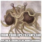 FSM | From your lips to fsm's ear; may you be touched by his noodly appendage | image tagged in fsm | made w/ Imgflip meme maker
